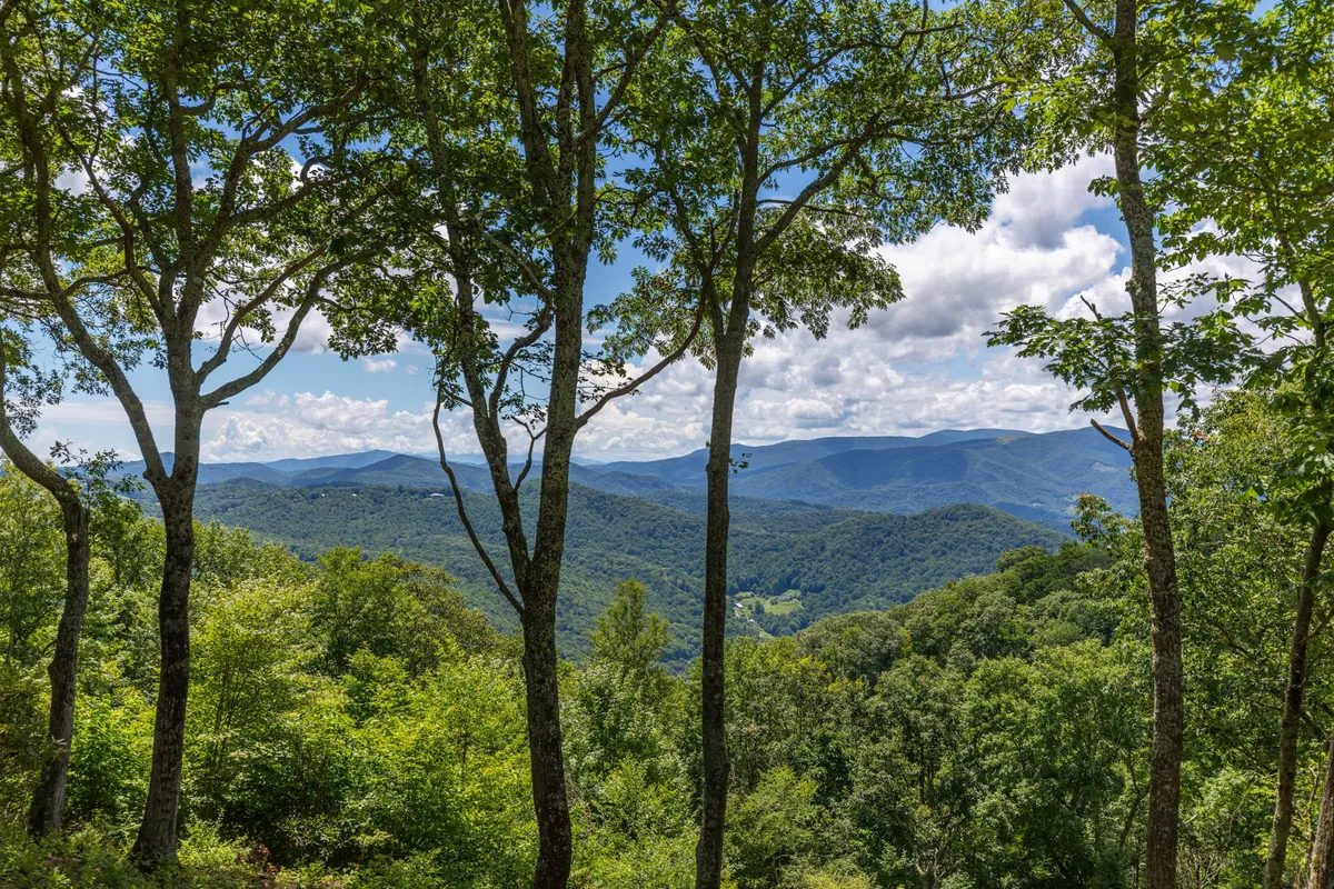 A sweeping view across a lush mountain range with vibrant green trees and a cloudy sky, encapsulating the beauty and adventure awaiting just beyond the home.