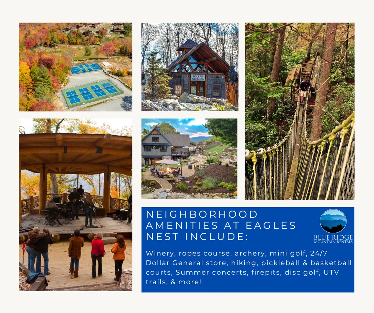 A dynamic view of resort amenities at Eagles Nest, including a vibrant outdoor concert space, luxurious cabins, sports courts, and people engaging in hiking and recreation—all set against a stunning mountain backdrop. The festive ambiance showcases the community’s array of activities and social opportunities.